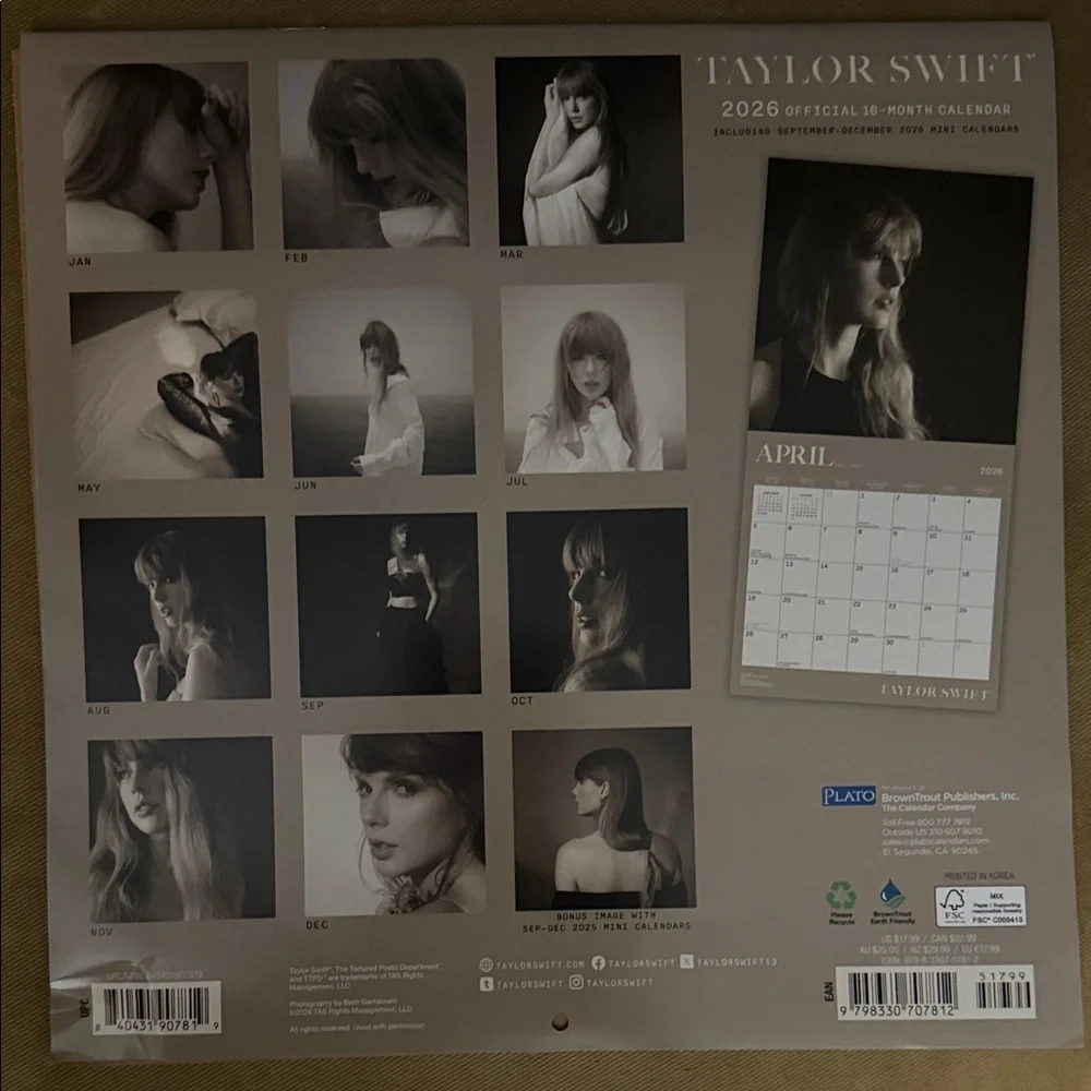 Taylor Swift 2026 Calendar in Black and White